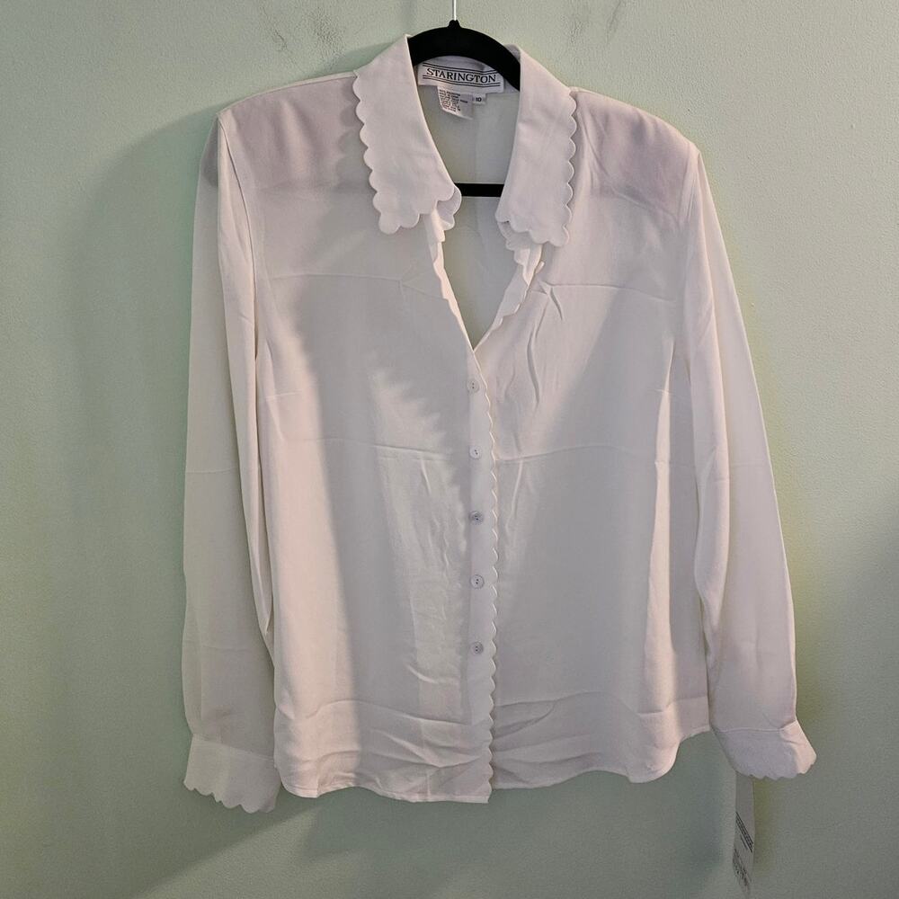 VINTAGE Starington 1980s 80s Twee Coquette White Blouse w/ Scallop Trim Size 10